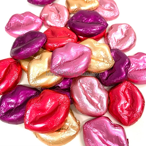 Foil Wrapped Mini Lips, Red or Multi Foil, Milk Chocolate, 1/2 Pound Bulk Bag, Approx. 30 pcs