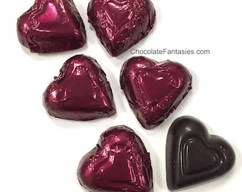 72% Dark Chocolate Foil Wrapped Hearts, approx. 30 pc., 1/2 pound bag, tied with ribbon