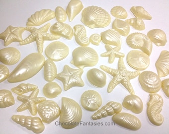 Pearlized Chocolate Seashells 1 lb, approx 43 pcs. Cake Decoration, Luster Finish, Approx Sizes 1" - 3", Asst. Flavors