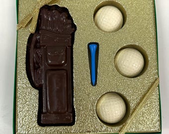 Golf Balls & Bag Chocolates, gift boxed in gold insert, tied with stretch ribbon