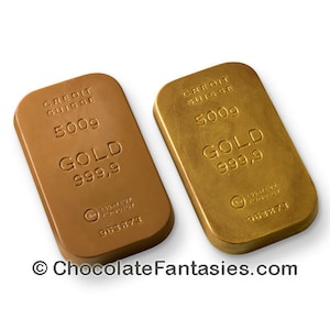 May include: Two gold bars, one chocolate and one metal, with the inscription "CREDIT SUISSE 500g GOLD 999,9" and a serial number.