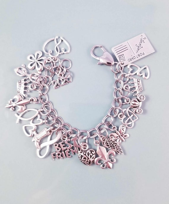 Charm Bracelet /Heart Bracelet /Chunky Charm Bracelet /Charms on Bracelet /Dangle Charms /Clipon Bracelet /Heart Lobster Clasp /Silver Charm