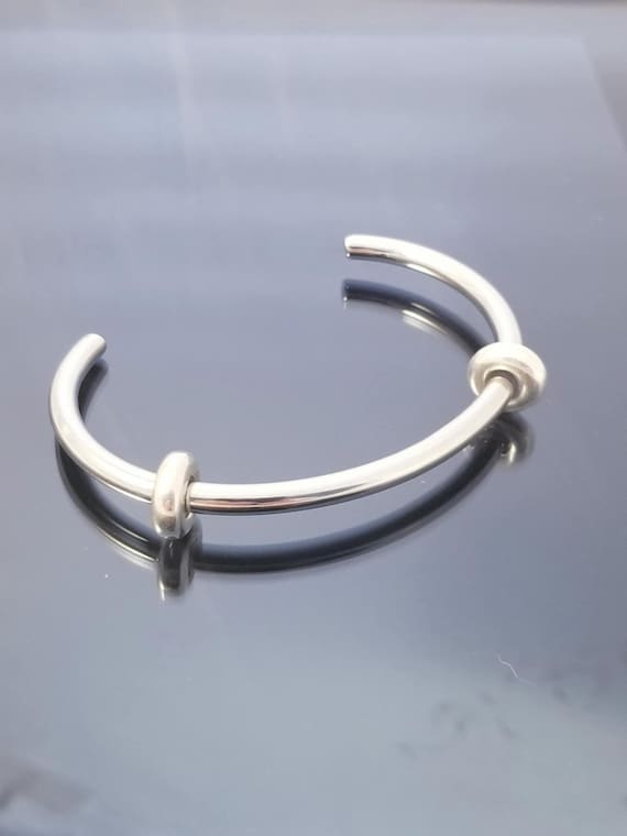 Silver Cuff Bangle / 2 Rubber Stopper Beads / Smooth Cuff Bangle / Silver Charm Bracelet /Starter Bracelet /European Fit Pandora /OSFM