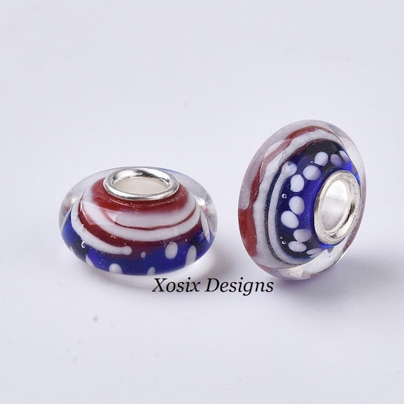 2 Beads /4th of July Charms / Presidents Day / Murano Glass Charms /Large Hole Glass European Beads /Red White & Blue / USA Flag
