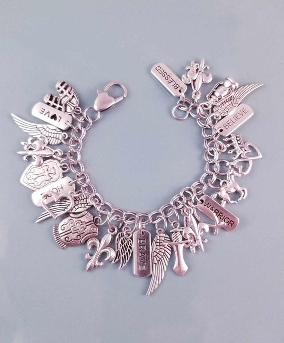 Armor of God Bracelet /Chunky Charm Bracelet /Heart Lobster Clasp /Silver Charms/ Warrior /Faith Hope & Love /Believe