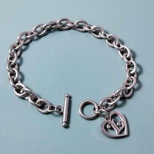 8.5 Chunky Bracelet -Letter L - Heart Charm - Thick Charm Bracelet - Silver Bracelet -Stainless Steel -Toggle Clasp -Personalized -Initial L