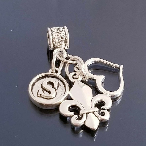 Letter S Charm / Fleur de Lis Charm / Heart Charms / Love Valentine Charms for Bracelet / Fit Pandora / Fit Bangle /Fit Necklace