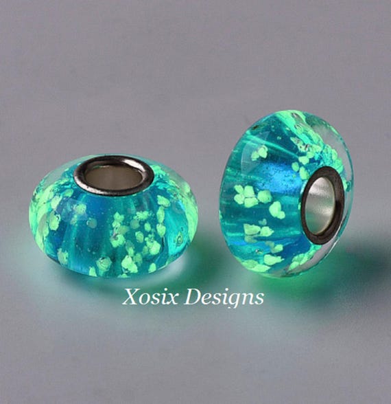 2 Beads/ Glow in the Dark /Blue Murano Glass Charm /Green Murano Glass /Glow Glass Murano /European Beads /Large Hole Murano Glass Beads