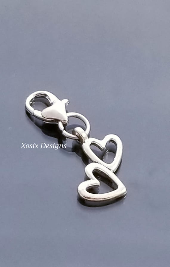 Double Heart Link /Heart Lobster Clasp / Double Heart Charm /Clip On Charm / Purse Charms /European Bead /Fit Pandora /Dangle Charms