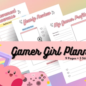 Planificateur rose Gamer Girl | Journal de jeu | Journal de jeu imprimable | Traqueur de jeux vidéo | Autocollant pastel mignon | Liste de voeux