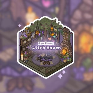 May include: A whimsical isometric illustration of a witch's haven, featuring a cozy room with a fireplace, a table with a cauldron, and a tree with hanging lanterns. The text "Iso:Room Witch Haven" is displayed in the center of the image.