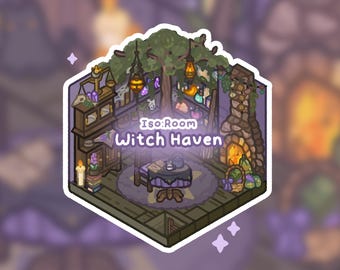 May include: A whimsical isometric illustration of a witch's haven, featuring a cozy room with a fireplace, a table with a cauldron, and a tree with hanging lanterns. The text "Iso:Room Witch Haven" is displayed in the center of the image.