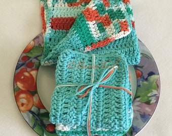 Crochet Dish Cloths and Towel Set Aqua Orange White Seagreen Hand Crochet Kitchen Towel Set of 4