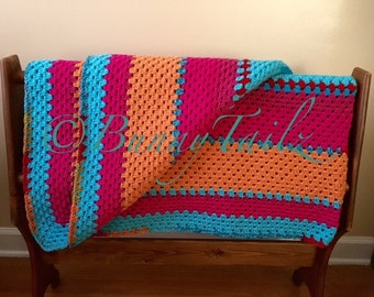 Crochet Afghan-Granny Square Afghan-Blanket-Multicolor Throw-Fuchsia-Turquoise-Orange-Red-Green