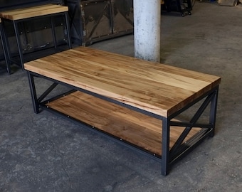 Wormy Maple and Steel Modern Industrial Coffee Table