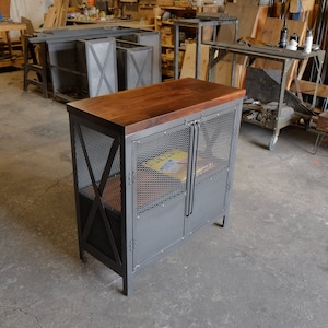Upright Industrial Steel & Walnut Record Stand/Liqour Cabinet