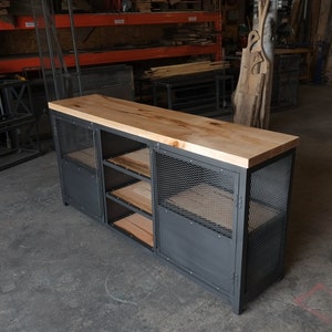 Industrial Steel and Wormy Maple Media Console/Record Stand/ Bar cart/ Liquor Cabinet