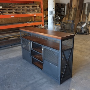 Upright Modern Industrial Walnut Liquor Cabinet/ Bar Cart/ Record Stand Console