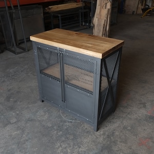 Industrial Upright Steel & Spalted Maple Liquor Cabinet/Record Stand
