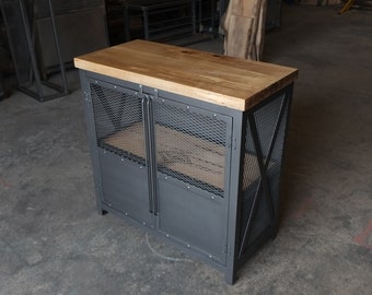 Modern Industrial Upright Steel & Spalted Maple Liquor Cabinet/Record Stand