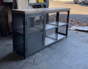 Upright Industrial Steel & Oak Record Stand/Liqour Cabinet