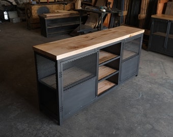 Industrial Steel and Wormy Maple Media Console/ Bar cart/ Liquor Cabinet/Record Stand