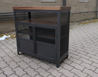 Upright Modern Industrial Walnut Liquor Cabinet/ Bar Cart/ Record Stand Console