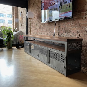 Modern Steel and Walnut Industrial Media Console / Cabinet