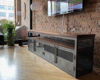 Modern Steel and Walnut Industrial Media Console / Cabinet