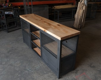 Industrial Steel and Wormy Maple Media Console/ Bar cart/ Liquor Cabinet/Record Stand