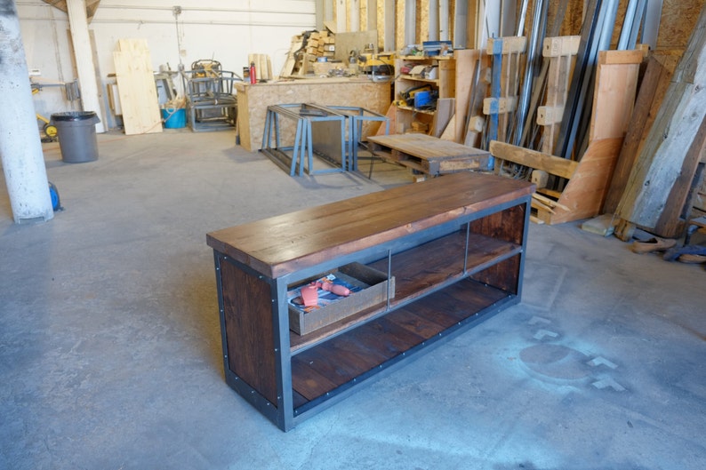 Industrial Mid Century Media Console Credenza w Wood panel Sides