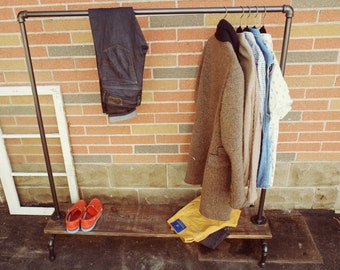 Steel Pipe Clothing Rack w/ Barnboard Plank