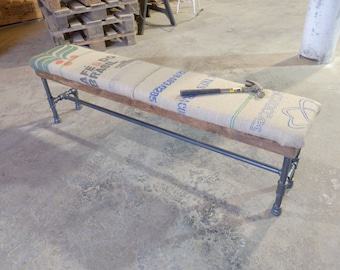 Reclaimed Burlap Coffee Sack Bench on thick wooden Plank w/ Black Iron Pipe Base