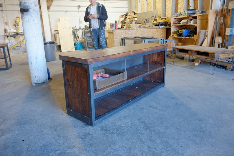 Industrial Mid Century Media Console Credenza w Wood panel Sides
