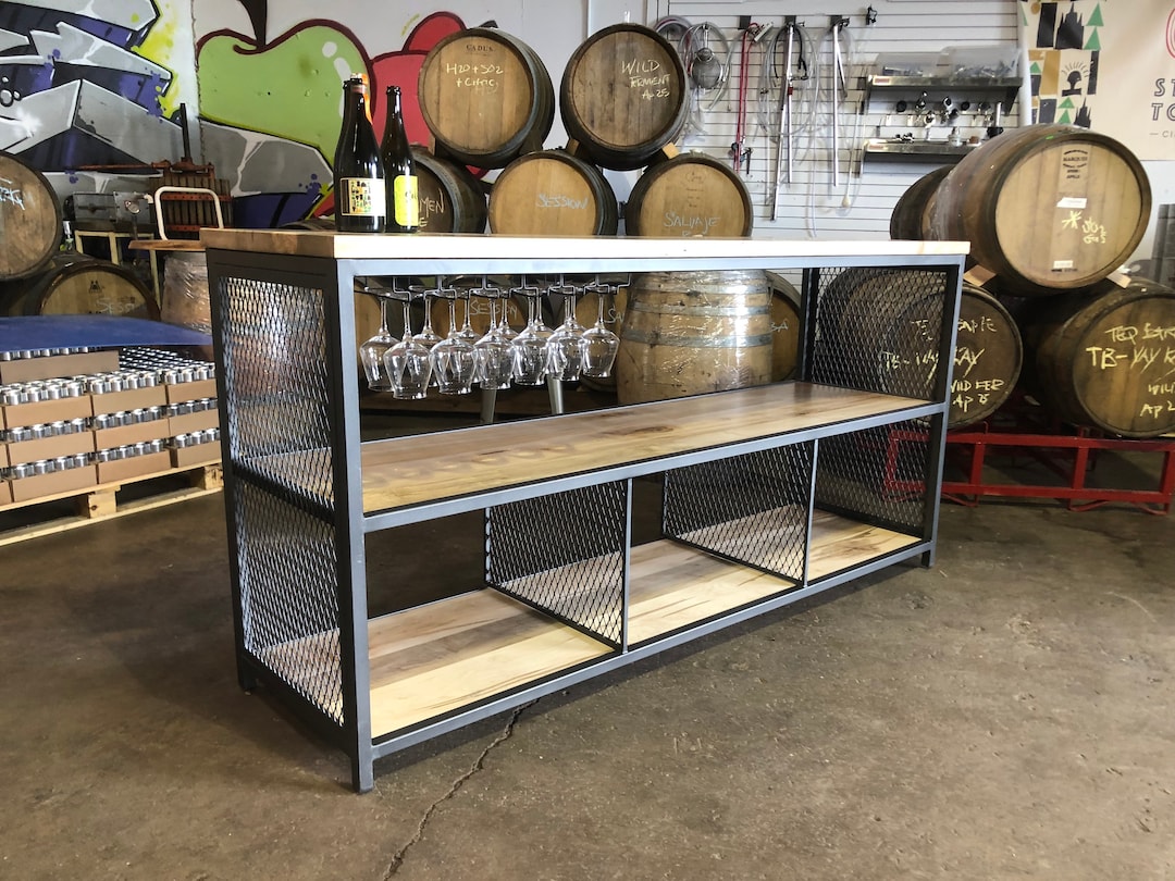 Modern Industrial Steel and Maple Bar Console / Wine Rack / Bar Stand ...