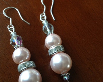 Pink Pearl crystal earrings - earrings - Earrings - Wedding Earrings