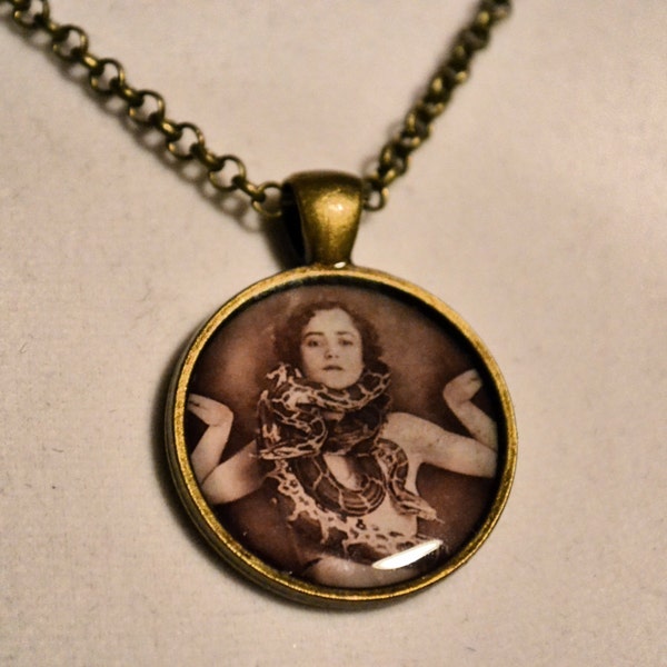 Vintage Sideshow Snake Lady Round Pendant Necklace Steampunk Gothic Vintage