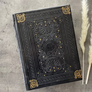 Large Black Leather Journal Book of Shadows Journal Blank Grimoire Leather Black and Gold Journal Blank Spellbook