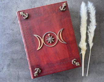 Red Leather Book of Shadows, Triple Moon Grimoire, Large Blank Journal