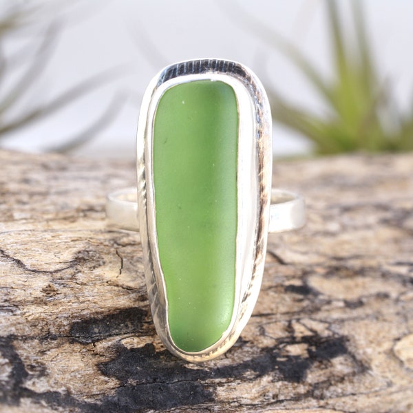 NEW! Authentic, Emerald, Sea Glass, Sterling Silver, Hand-Forged, One-of-a-kind, Bezel Setting, Textured, Ring