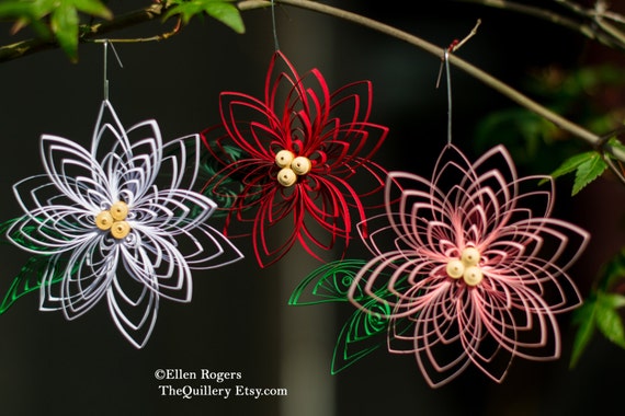 Set of 3 Handmade Red, White, and Pink Poinsettia Flowers Quilled Christmas Ornaments or Decorations