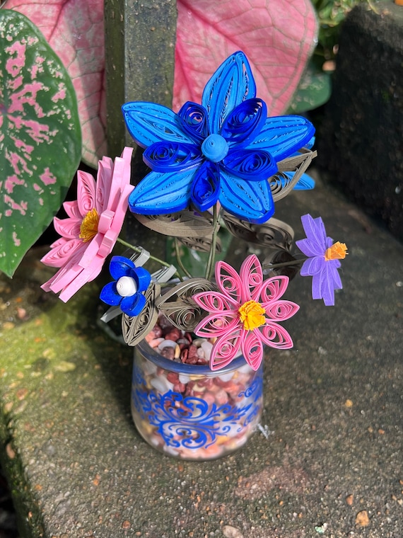 Handmade Mini Quilled Blue Pink and Purple Paper Flower Bouquet with Upcycled Vase - 1st Anniversary