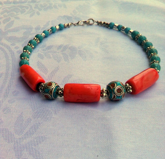Coral Silver Plated 5 Grams Earring 1.5 Handmade Jewellry Blue Turquoise Nepali Work