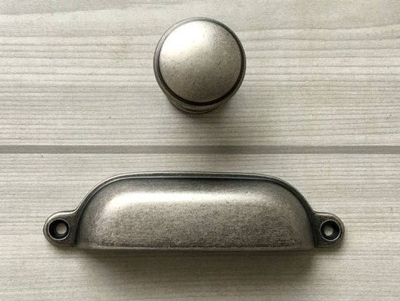 3 75 Cup Pull Antique Black Silver Pewter Bin Drawer Etsy