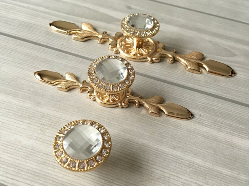 Gold Crystal Drawer Knobs Pulls Handles Glass Knobs Dresser Knob Kitchen Cabinet Door Knobs Plate Plates Handle Pull Bling Lynns Hardware