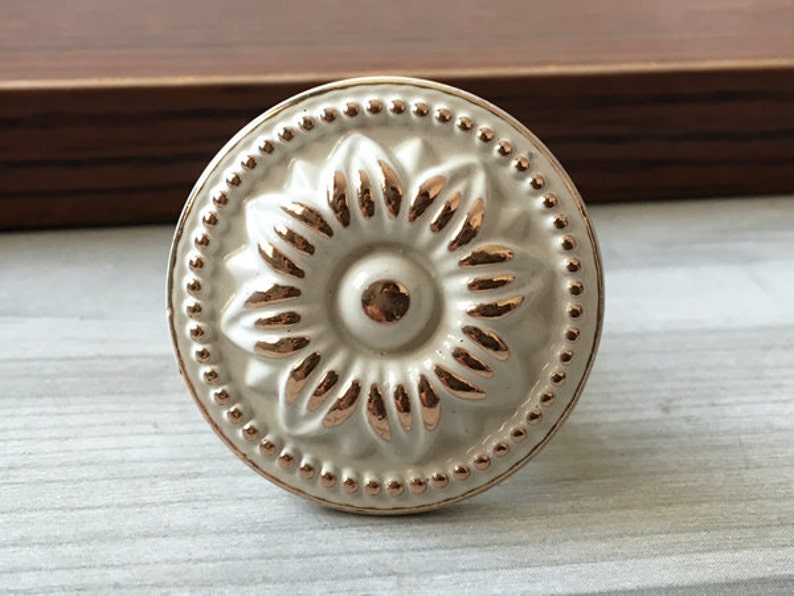 Shabby Chic Knobs Dresser Knob Creamy White Gold Kitchen Etsy