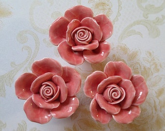 Knobs Rose Flower / Shabby Chic Dresser Knobs / Pink Ceramic Drawer Knobs Pulls Handles / Unique Cabinet Knobs Pull Handle Hardware