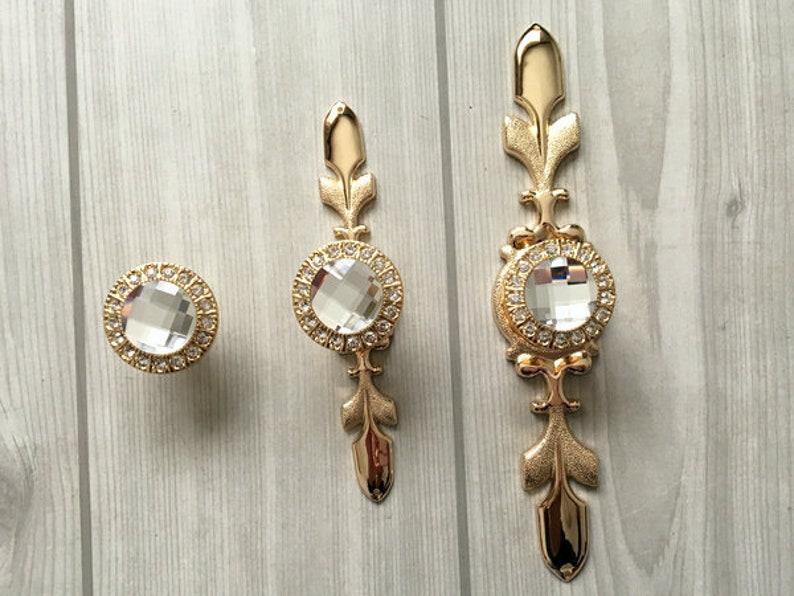 Gold Crystal Drawer Knobs Pulls Handles Glass Knobs Dresser Knob Kitchen Cabinet Door Knobs Plate Plates Handle Pull Bling Lynns Hardware