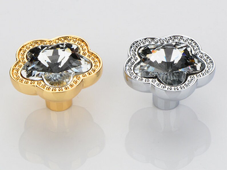 Floral Crystal Knob Rhinestone Glass Knobs Dresser Knob Drawer Knobs Pulls Handles Flower Cabinet Door Knobs Pull Handle Gold Silver Bling