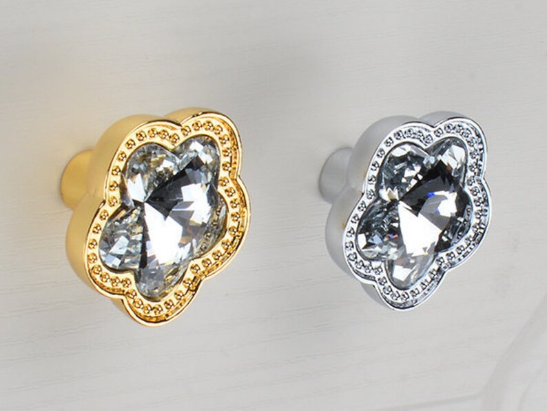 Floral Crystal Knob Rhinestone Glass Knobs Dresser Knob Drawer Knobs Pulls Handles Flower Cabinet Door Knobs Pull Handle Gold Silver Bling